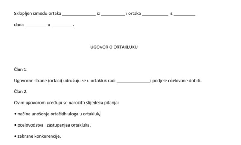 Primer ugovora o ortakluku