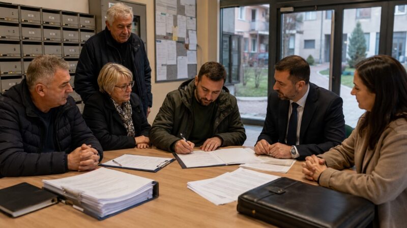 Ovlašćeni predstavnik stambene zajednice potpisuje ugovor sa predstavnikom organizatora profesionalnog upravljanja, uz prisustvo stanara.