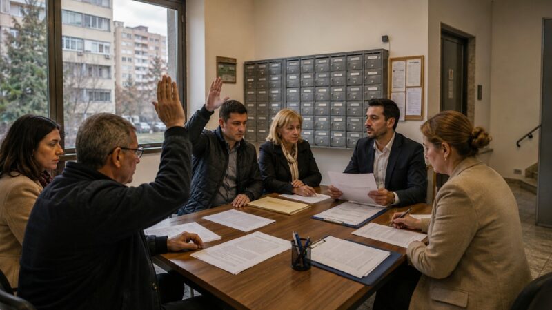 Stanari u zgradi sede za stolom, glasaju na skupštini stambene zajednice i pregledaju dokumentaciju pre potpisivanja ugovora.