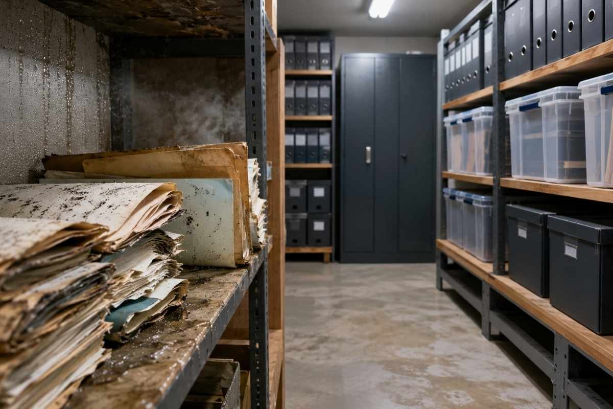 prikaz vlažne prostorije sa dokumentima koje je zahvatila vlaga i sa druge strane uredno složenidokumenti u plastičnim kutijama bez vlage